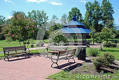 Park Pavilion and Brick Sitting Area Stock Photo