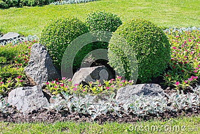 Park with bushes and stones Stock Photo