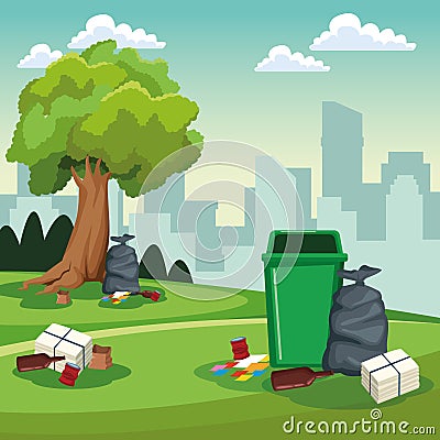 Park cleaning can and bags scenery Vector Illustration