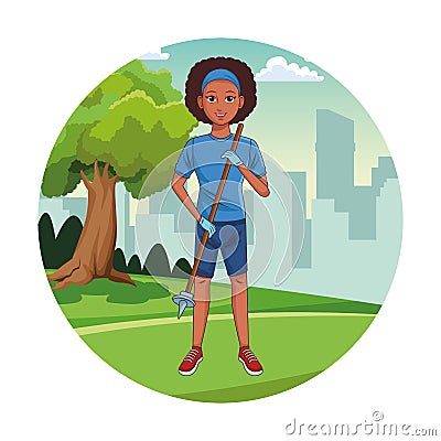 Park cleaning volunteer girl cartoon Vector Illustration