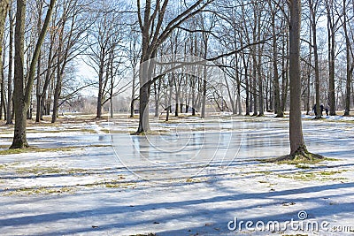 Park in early spring on a bright sunny day, snowmelt in March, spring flood Stock Photo