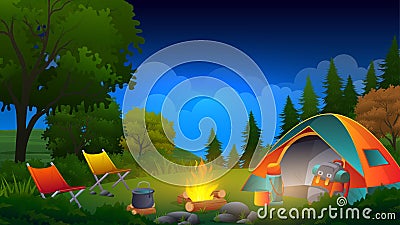 Summer camp at night with beautiful natural mountain parkland Vector landscape Stock Photo