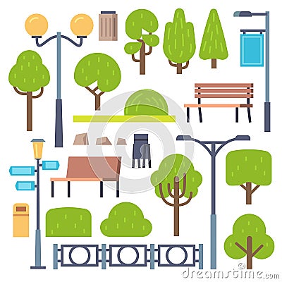 Park elements. Urban outdoor decor, lamppost and benches, bush and signboards, containers. Landscape panorama, public Vector Illustration