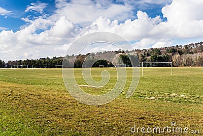 Park with Empty Football Pitches on a Winter Day Stock Photo