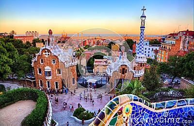 Park Guell, Barcelona, Spain at sunset Stock Photo