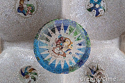 PARK GUELL, BARCELONA, CATALONIA: detail of the Hypostyle Hall iconic 'trencadi­s' mosaic ceiling Editorial Stock Photo
