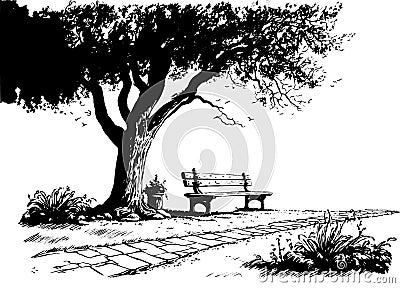 Park hand drawn sketch. Wooden bench under the tree Vector Illustration