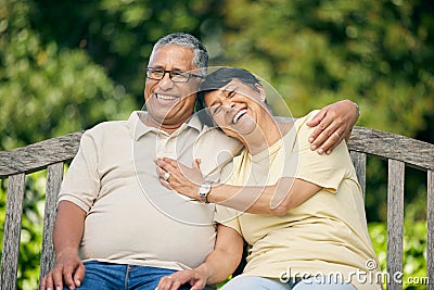 Park, hug and senior couple with love, smile and retirement with quality time, happiness and marriage. Romance, happy Stock Photo
