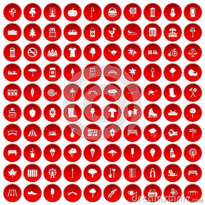 100 park icons set red Vector Illustration