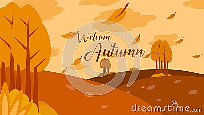 Park illustration with falling leafs at autumn season in flat design style Vector Illustration