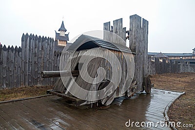 Park Kievan Rus an amusement park and center of culture and history. Reconstructed medieval wall breaking machine Editorial Stock Photo