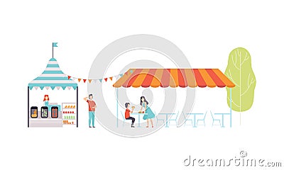 Park Kiosk with Striped Awning and Woman at Counter Selling Food and Snack Vector Set Vector Illustration