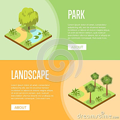 Parkland landscape design isometric posters Cartoon Illustration