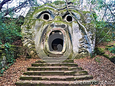 Park of the Monsters, Sacred Grove, Garden of Bomarzo. Orcus mouth and alchemy Stock Photo