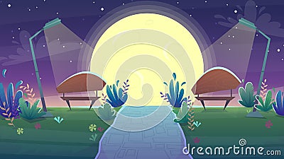 Park night bench , romantic date sunset walk , grass hill stars at the sky background. vector landscape scenery illustration Vector Illustration
