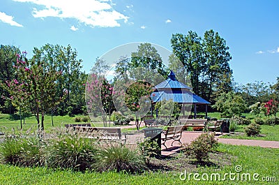 Park Pavilion and Brick Sitting Area Stock Photo