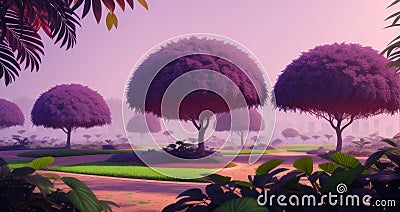 Park of purple trees, and green grass amid pathways Stock Photo