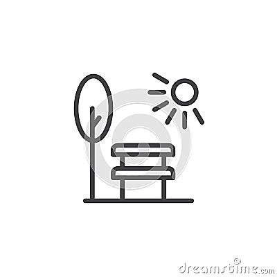 Park scene with bench tree and sun line icon Vector Illustration