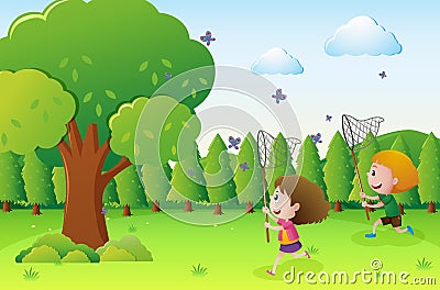 Park scene with two kids catching butterflies Vector Illustration