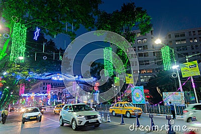 Park street is decorated with diwali lights for the occassion of Diwali, deepabali or deepavali Editorial Stock Photo