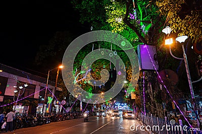 Park street is decorated with diwali lights for the occassion of Diwali, deepabali or deepavali Editorial Stock Photo