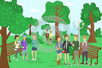 Park with teenagers, vector illustration. Flat girl guy character rest outdoor at city nature, happy young people Vector Illustration