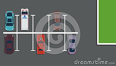 Park top view vector concept illustration background. Above car street map flat road city. Garage design many lot space downtown. Vector Illustration