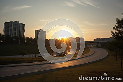 park, with view of cars driving past on nearby highway, and rising sun in the background Stock Photo