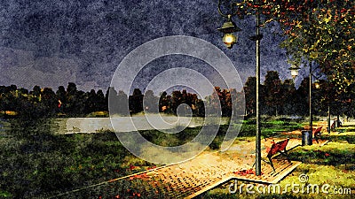 Park walkway at autumn night watercolor landscape Stock Photo