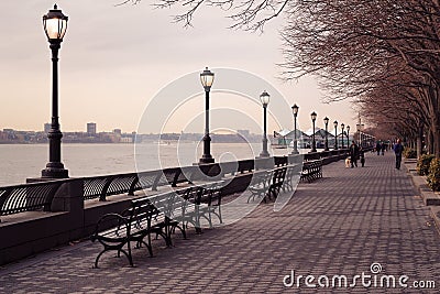 Park Walkway in Manhattan Along the River Editorial Stock Photo