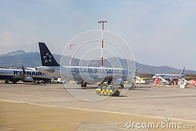 Parked airplanes on Athens International Airport Stock Photo