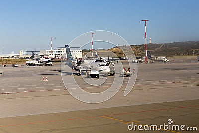 Parked airplanes on Athens International Airport Stock Photo
