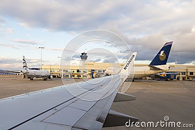 Parked airplanes on Athens International Airport Editorial Stock Photo