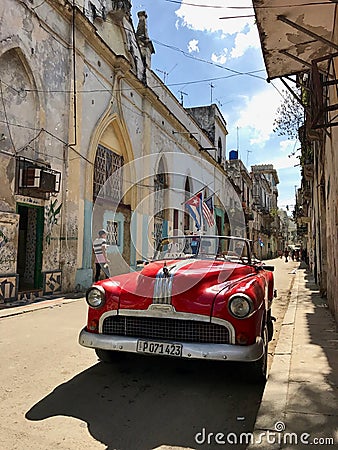 Parked american car in Havana Vieja - Old Havana Editorial Stock Photo