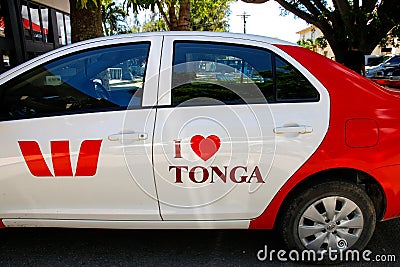 Parked car with I love Tonga written on a door, Nuku`alofa, Tongatapu island, Tonga Editorial Stock Photo