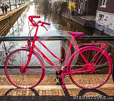 Parked in city street bright pink bicycles on sunny evenig close-up Stock Photo