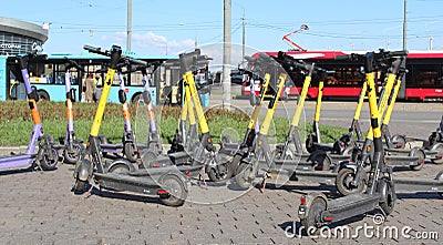 Parked electric scooter in the city center of Sankt Petersburg Russia Editorial Stock Photo