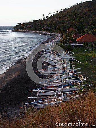 Parked Fishing Boats on the Beach, Amed, Bali Stock Photo
