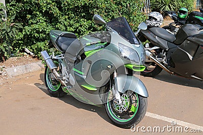 Parked large Metal Green Kawasaki ZX12R / Ninja ZX-12R 1200cc mo Editorial Stock Photo