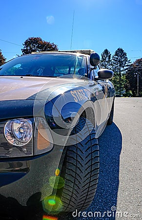 Parked up state trooper police vehicle seen new New England, USA. Editorial Stock Photo