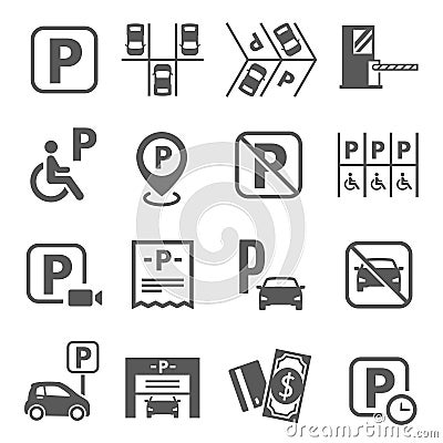 Parking area, fine, fee, forbidden sign line and bold icons set isolated on white. Auto barrier, garage. Vector Illustration