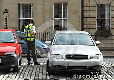 Parking attendant, traffic warden, getting ticket fine mandate Stock Photo