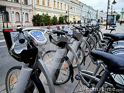 Parking bicycle at the metro station of Moscow Editorial Stock Photo