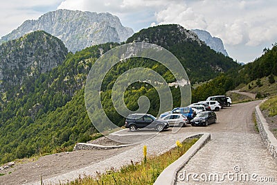 Parking for cars at the top of the Albanian Alps high mountain Editorial Stock Photo