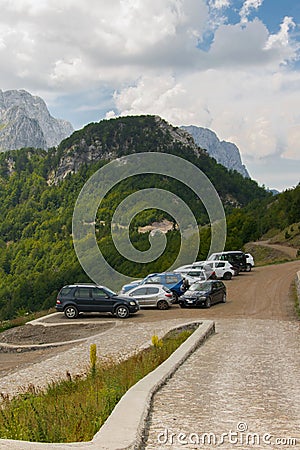 Parking for cars at the top of the Albanian Alps high mountain Editorial Stock Photo