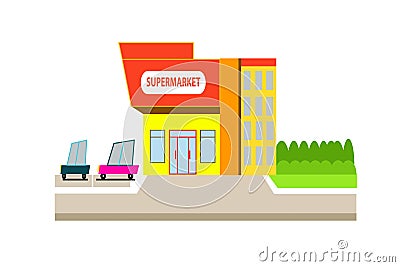 Supermarket exterior. Modern urban buildings, Cityscape with mall. Cartoon Illustration