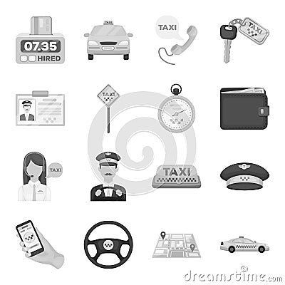 Parking, dispatcher, taxi driver are all for taxi service. Taxi set collection icons in monochrome style vector symbol Vector Illustration