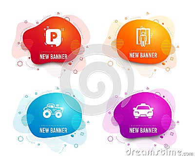 Parking, Elevator and Tractor icons. Taxi sign. Auto park, Lift, Farm transport. Passengers transport. Vector Vector Illustration