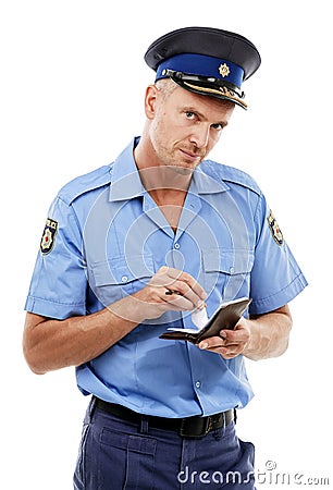 Parking fine, ticket and portrait of police writing on notepad for traffic laws, crime and public service. Justice, law Stock Photo
