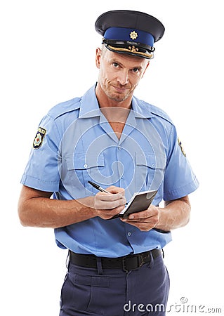 Parking fine, writing ticket and portrait of police on white background with notepad for traffic laws. Crime, law Stock Photo